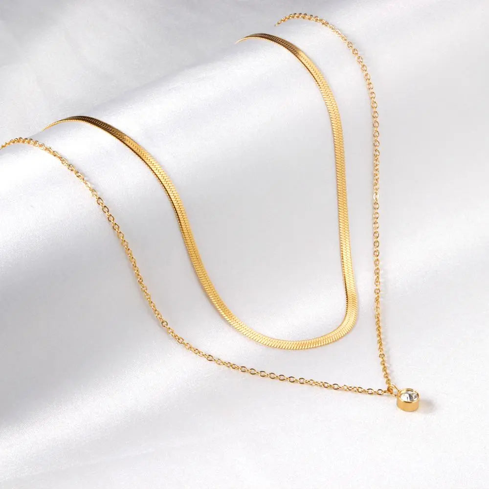 Women Luxury Square AAA Zirconia Double Chain Necklace Flat Snake Chains 18K Gold Plated Classic Decor For Party asonjewelry