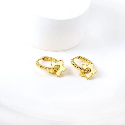 Stainless Steel Textured Metal Star Pendant Drop Huggie Earrings For Women Girls Vintage Waterproof Temperament Hoops asonjewelry