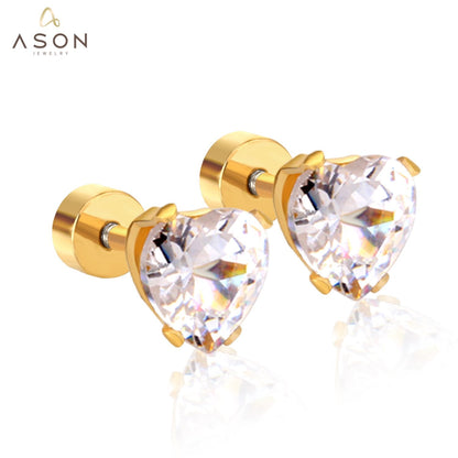 ASON Stainless Steel Cubic Zirconia Heart Shape Stud Earrings Anti-Allergy Women Fashion Accessories Party asonjewelry
