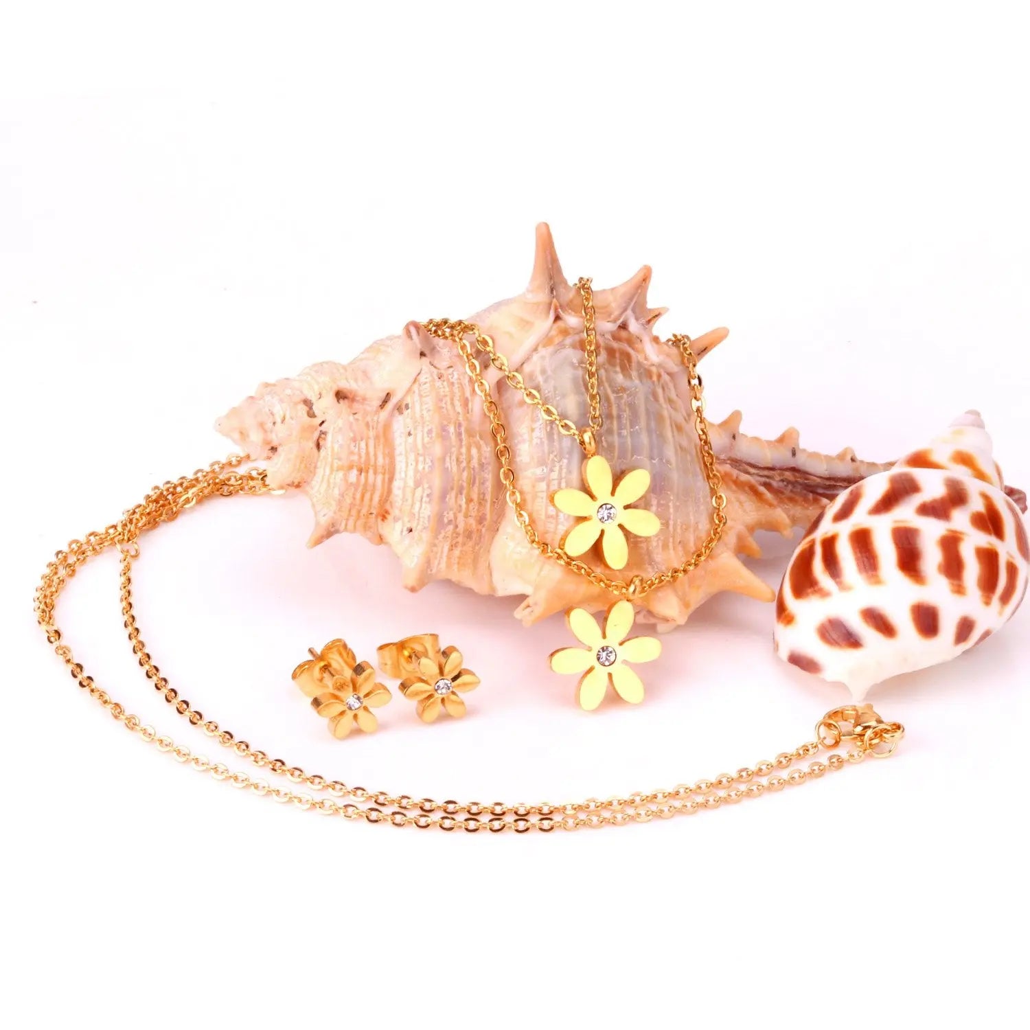 New Gold Flower Shape Stainless Steel Double Necklaces Earrings Sets For Female Trendy Jewellry Sets bijoux femme asonjewelry