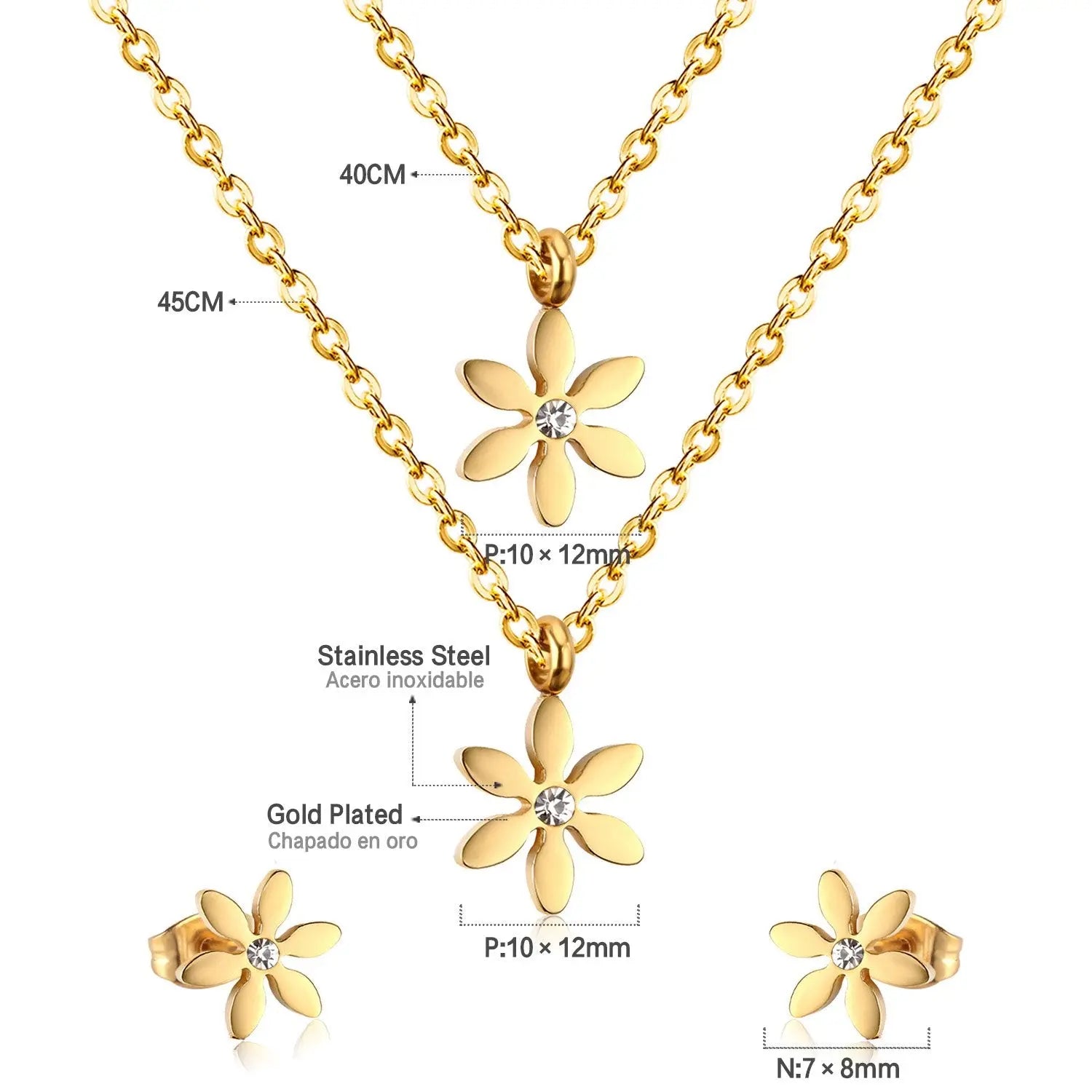 New Gold Flower Shape Stainless Steel Double Necklaces Earrings Sets For Female Trendy Jewellry Sets bijoux femme asonjewelry