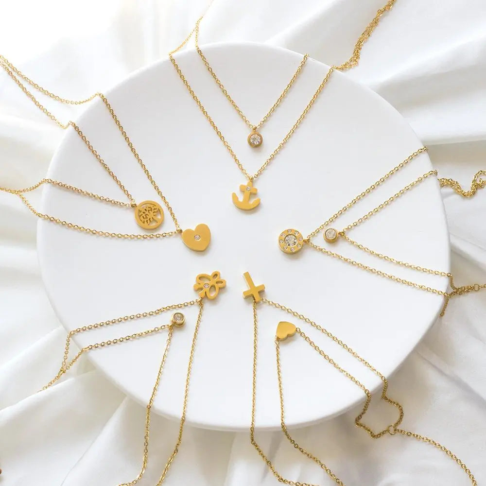 Double Layer Chain Pendants Necklaces For Women Girls Gold Color Silver Tone Stainless Steel CZ Crystal Round Choker asonjewelry