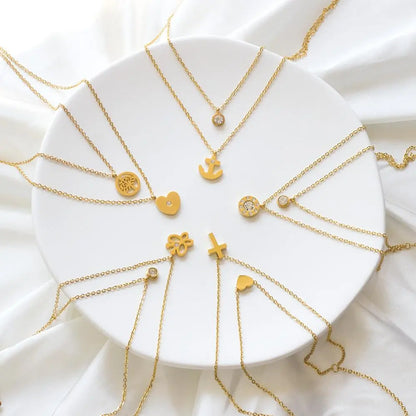 Double Layer Chain Pendants Necklaces For Women Girls Gold Color Silver Tone Stainless Steel CZ Crystal Round Choker asonjewelry