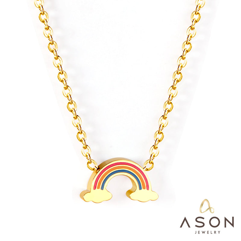 ASON Rainbow Charm Pendant Chain Necklace Gold Color Stainless Steel Necklace for Women Girl Lovely Gift Jewelry Chokers