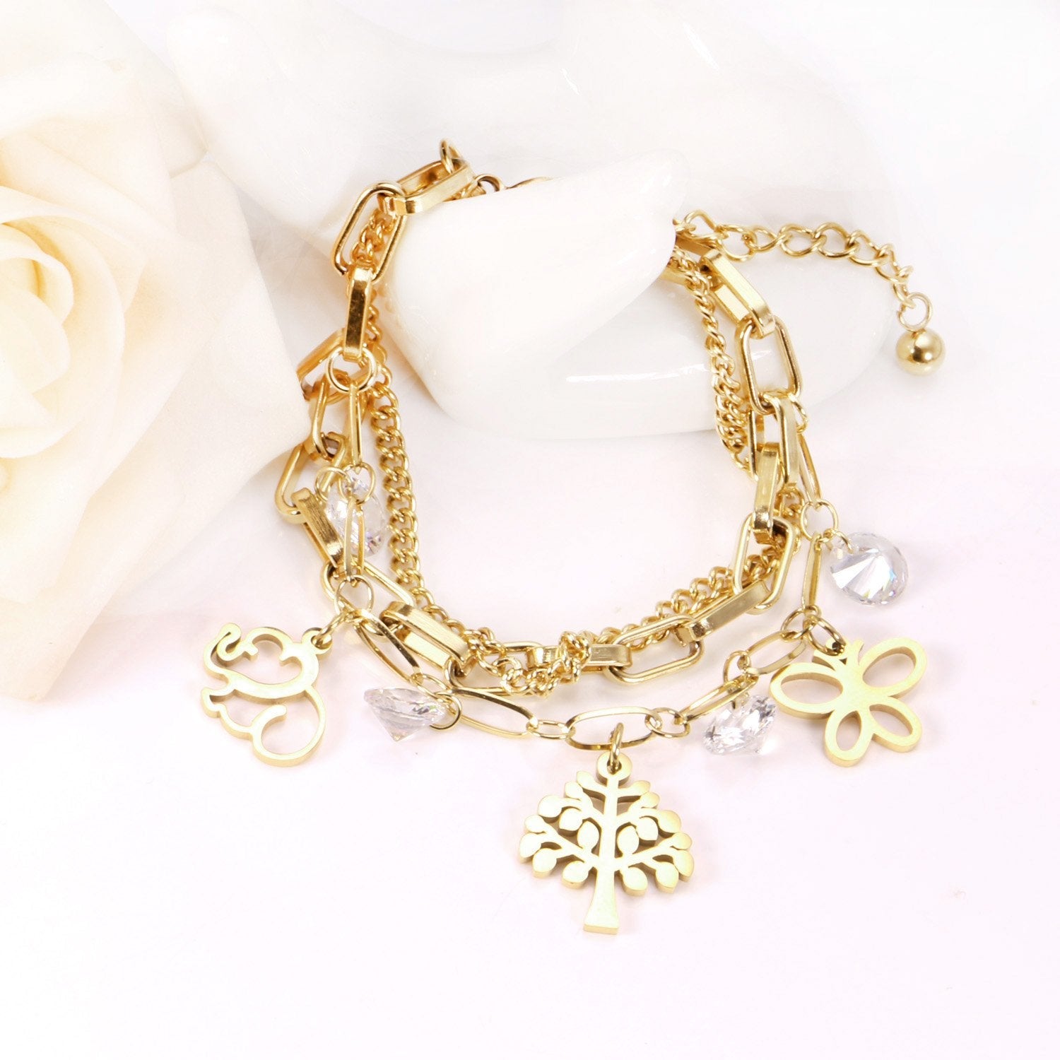 ASON Unique Extender Link Chain Bracelets Stainless Steel Gold Color Tree With Round Cubic Zirconia Adjustable Bracelets asonjewelry