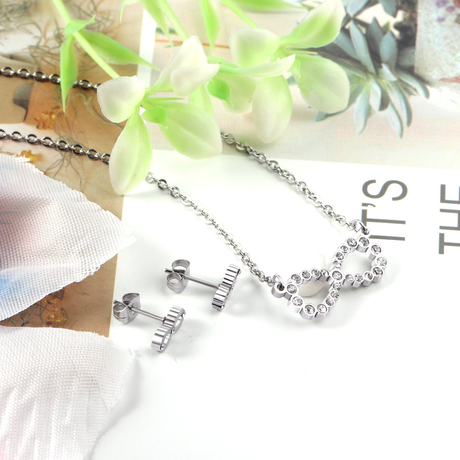 ASON 316L Stainless Steel Cubic Zirconia Dainty Infinity Pendant Necklace with Earrings Jewelry Set for Women Party Gift asonjewelry