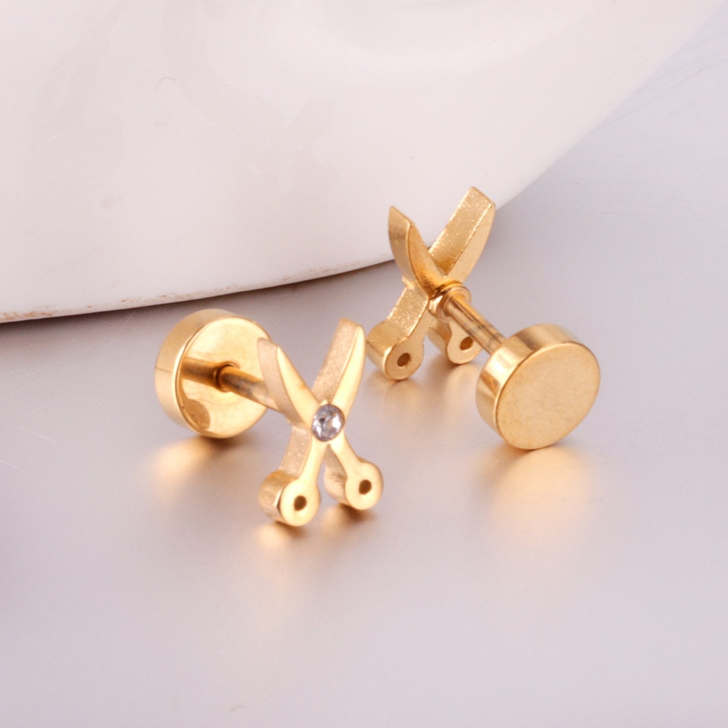 ASON Gold Color AAA CZ Scissors Screw Piercing Stud Earring Set for Women Cool Jewelry Stainless Steel Crystal Earring asonjewelry