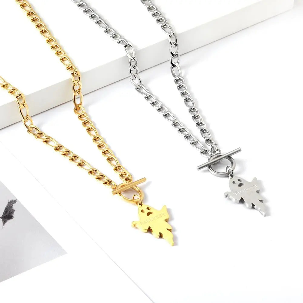 Stainless Steel Necklaces Couple Ghost Pendant Figaro Chain Halloween Punk Jewelry Gifts for Women Men 2022 New asonjewelry