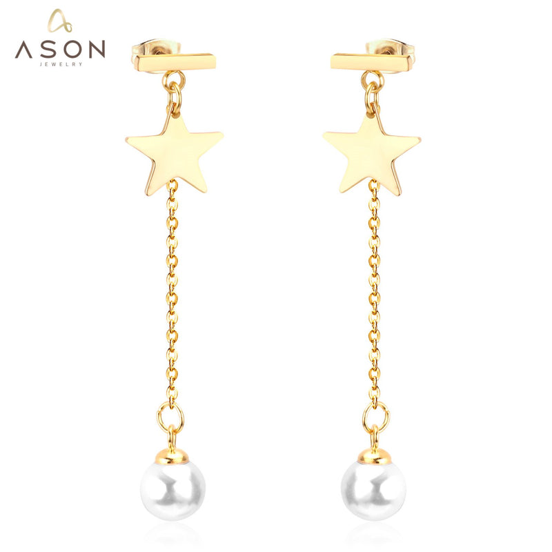 ASON Imitation Pearl Drop Earrings Star Pendants Long Link Chain Earrings Female Gift Wedding Accessories