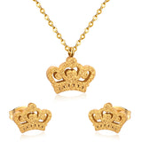 ASON Simple Style Crown Shape Frosted Gold Color Necklace Earrings Stainless Steel for Women Fashion Jewelry Sets Party