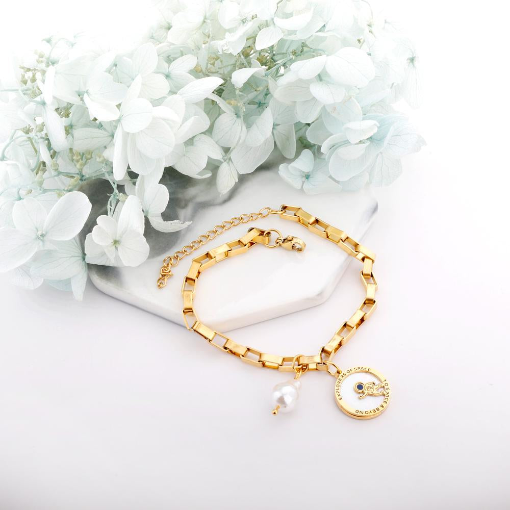 ASON Gold Color Stainless Steel 18+3cm Round Ring Spaceman And Pearl Jewelry Accessory Bracelets For Women Streetwear Daily asonjewelry