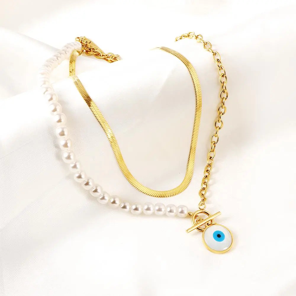 Fashion Shell Evil Eye Pendant Necklace Snake Pearl Double Chain For Women Stainless Steel Turkish Wedding Party Gifts asonjewelry