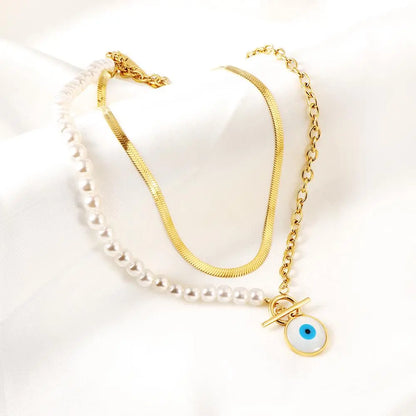 Fashion Shell Evil Eye Pendant Necklace Snake Pearl Double Chain For Women Stainless Steel Turkish Wedding Party Gifts asonjewelry