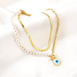 Collar con colgante de ojo malvado de concha a la moda, cadena doble de perlas de serpiente para mujer, regalos de fiesta de boda turca de acero inoxidable 