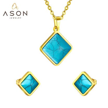 ASON Set Jewelry Women Stainless Steel Geometry Enamel Pendant Necklace Earrings Sets Wholesale Friend Gift asonjewelry