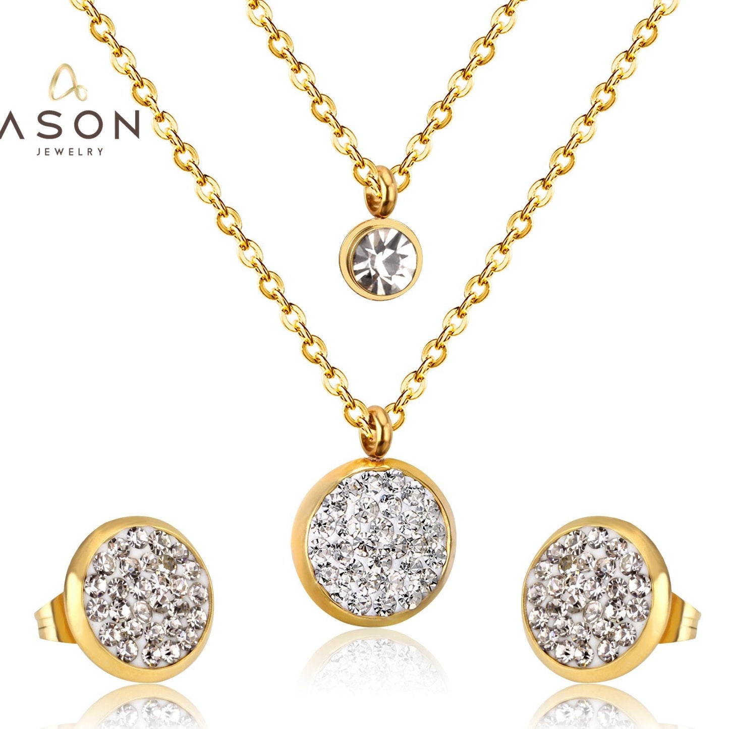 ASON Double Round Rolo Cuban Link Chains Jewelry Sets Stainless Steel Cubic Zirconia Pendant Necklace Earring Bijoux Party asonjewelry