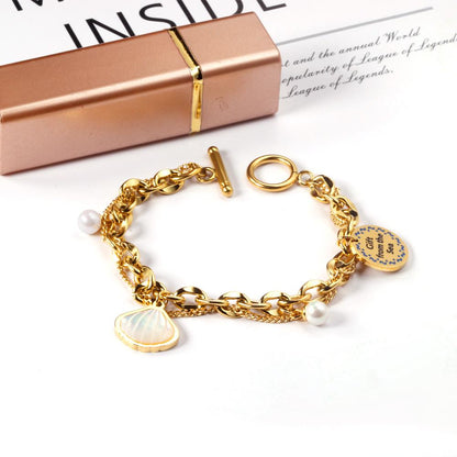 ASON Trendy Shell Pendant Pearl Charm Bracelet Stainless Steel Multi-layer Bangle for Women 18cm Fashion Jewelry Gift asonjewelry