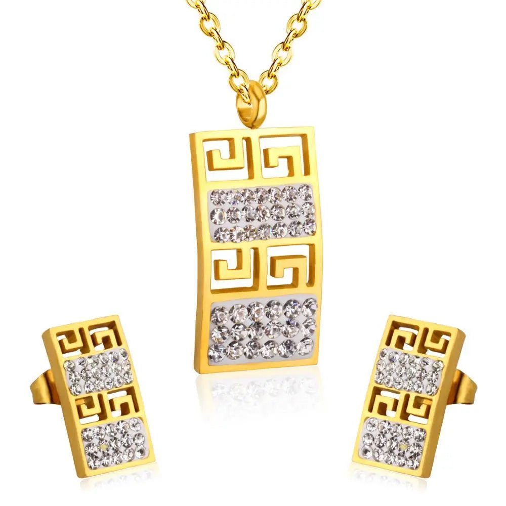 Trendy Stainless Steel Dubai Jewelry Set Geometry Pendant Necklace Earrings Crystal For Women Girls Jewelry Sets asonjewelry