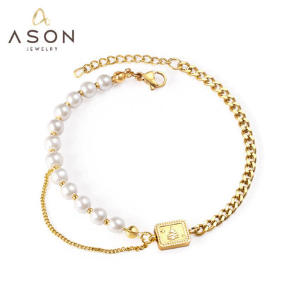 ASON Fashion Imitation Pearl Link Bracelets Stainless Steel Tree Charm Bangles for Women with 3cm Extender Jewelry Gift asonjewelry