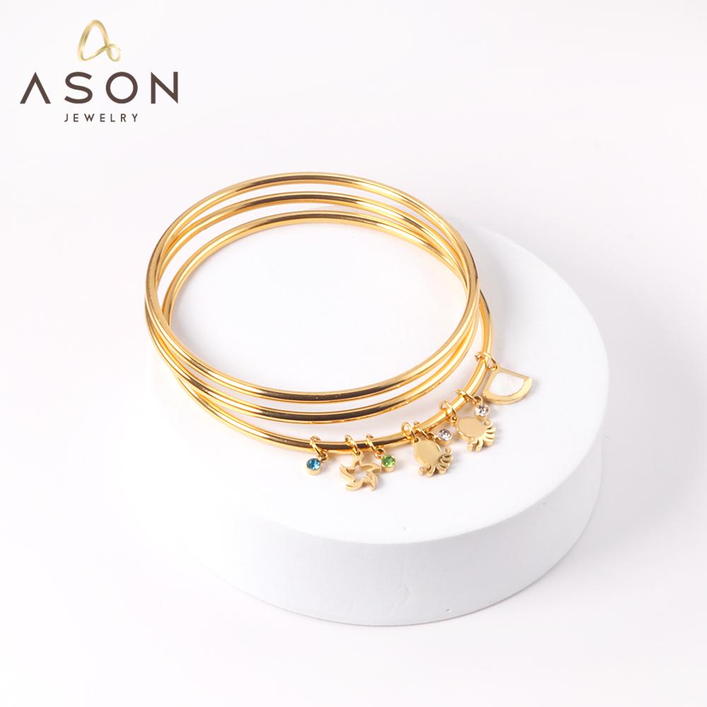 ASON 3pcs/Set Hollow Star Shell Charm Bracelets 60mm Gold Color Stainless Steel Bangles for Women Fashion Jewelry Accessory asonjewelry
