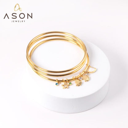 ASON 3pcs/Set Hollow Star Shell Charm Bracelets 60mm Gold Color Stainless Steel Bangles for Women Fashion Jewelry Accessory asonjewelry