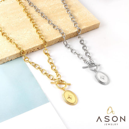 ASON Trendy Oval Lucky Star OT Clasp Charm Pendant Necklace Gold Color Stainless Steel For Women Jewelry Chokers Party Gift asonjewelry