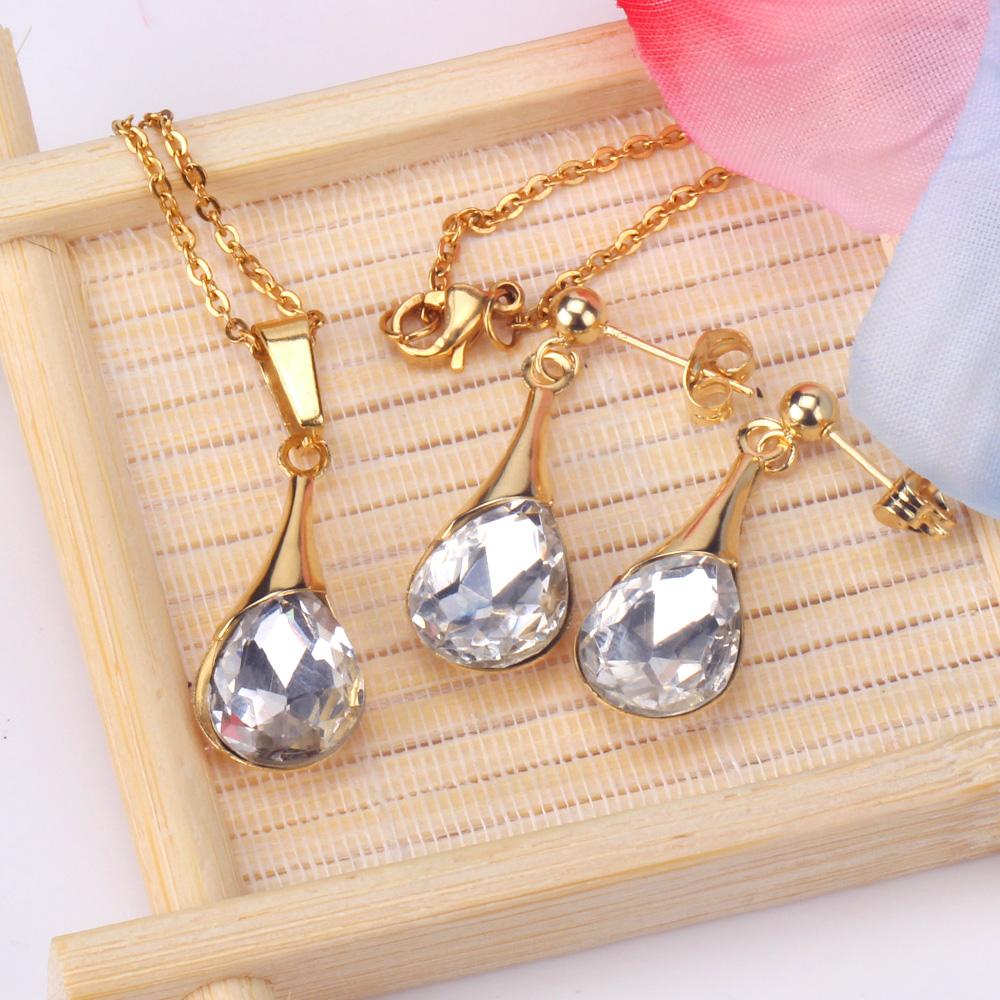 ASON 316L Stainless Steel Gold Bridal Wedding African Jewelry Sets for Women 2022 Water Drop Necklace Pendant Drop Earring asonjewelry