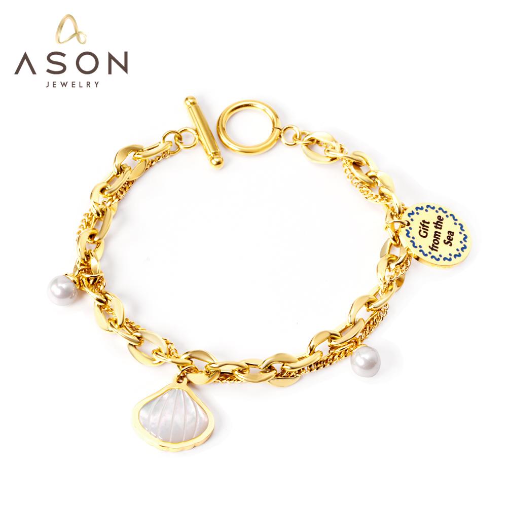 ASON Trendy Shell Pendant Pearl Charm Bracelet Stainless Steel Multi-layer Bangle for Women 18cm Fashion Jewelry Gift asonjewelry