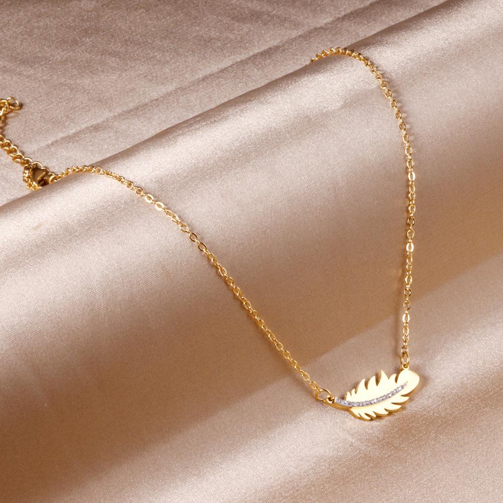 ASON Gold Color Feather Pendant Necklace with Rhinestone Stainless Steel Chain for Women Jewelry Gift Accessory Chokers asonjewelry