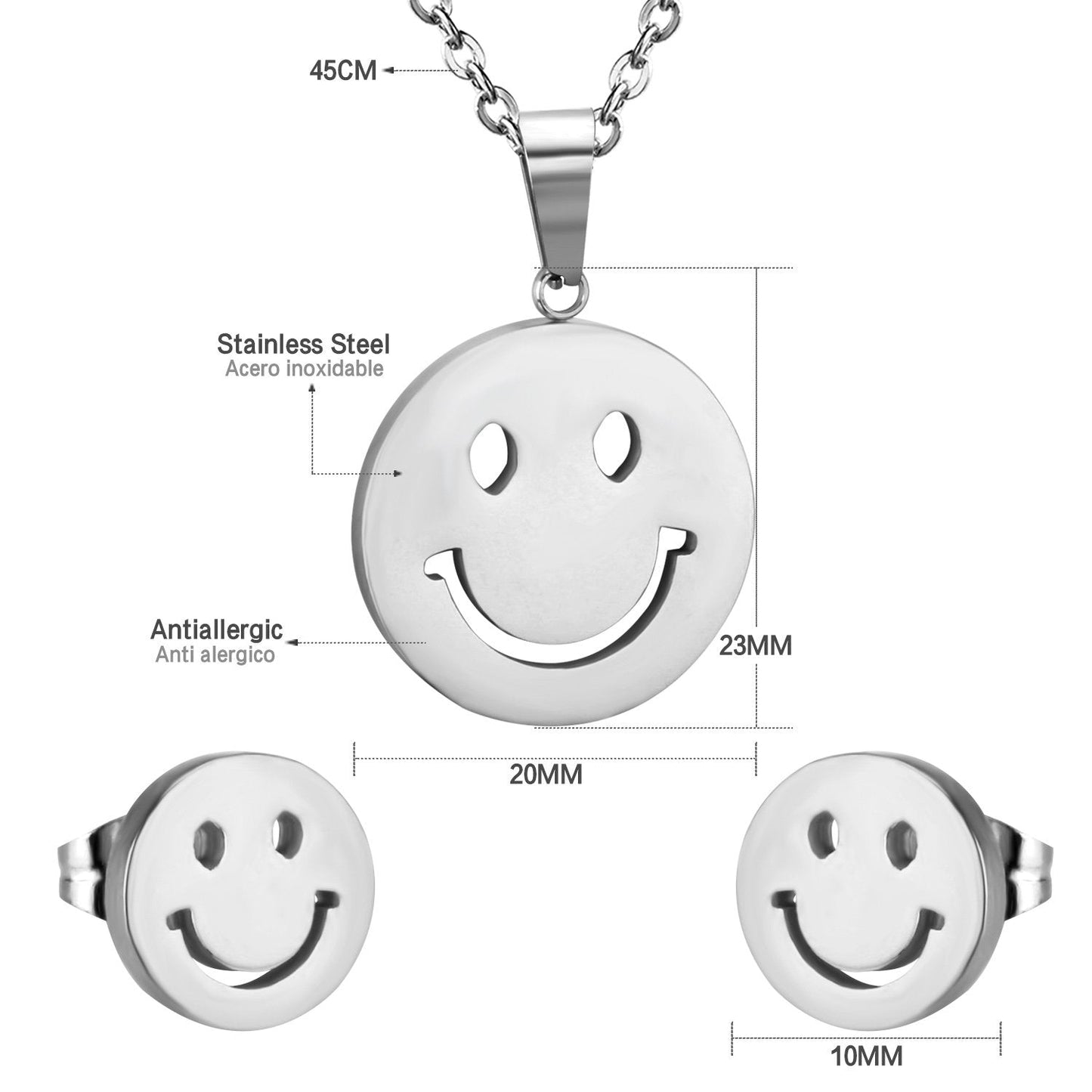 ASON Smile Face Jewelry Set Stainless Steel Pendant Necklace Small Piercing Stud Earrings Gold Color Fashion Party Gift asonjewelry