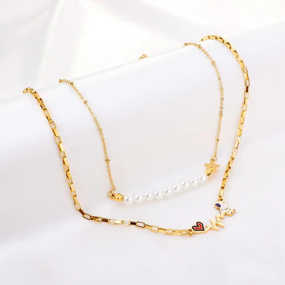 Imitation Pearl Double Layered Necklace With Cute Astronaut Heart Star Charms Box Chian Double Pendant Necklace asonjewelry