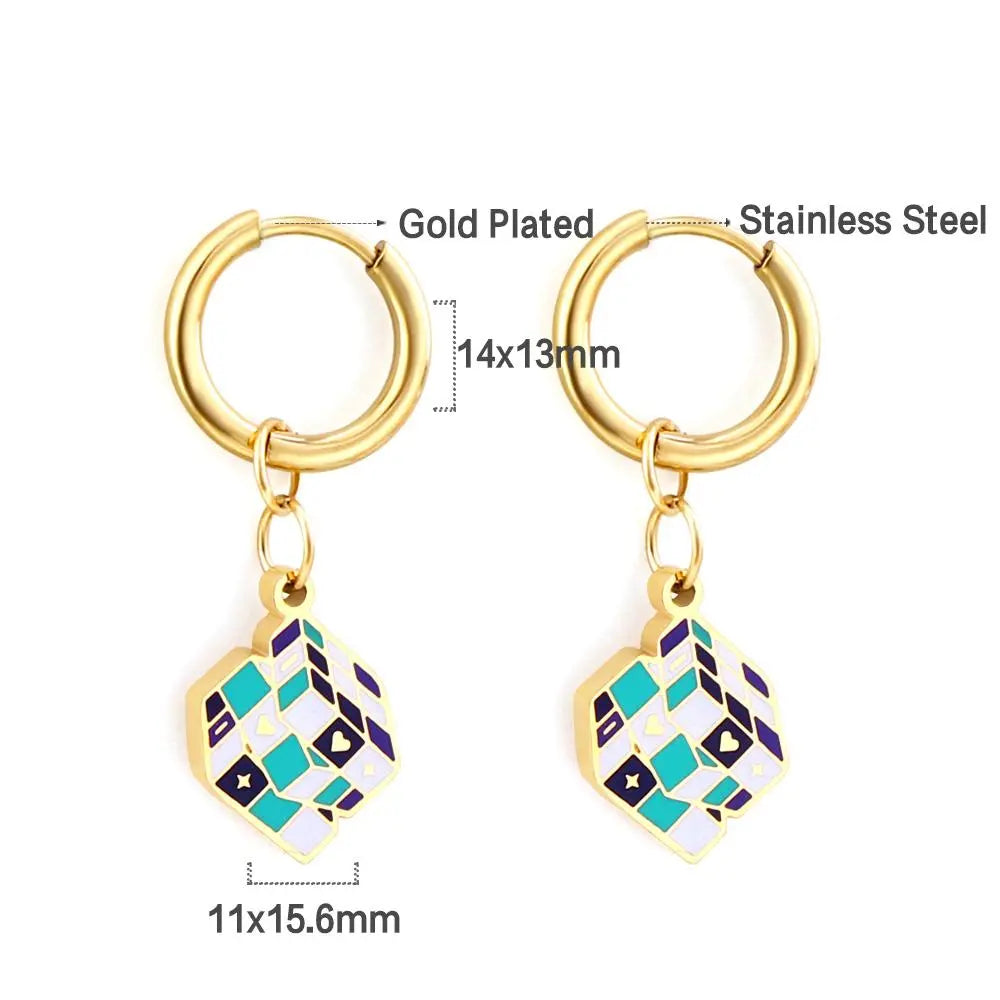 Magic Design Square Rubik's Cube Charms Pendient Earrings Stainless Steel Drop Jewelry On Ear aretes de mujer Gifts asonjewelry