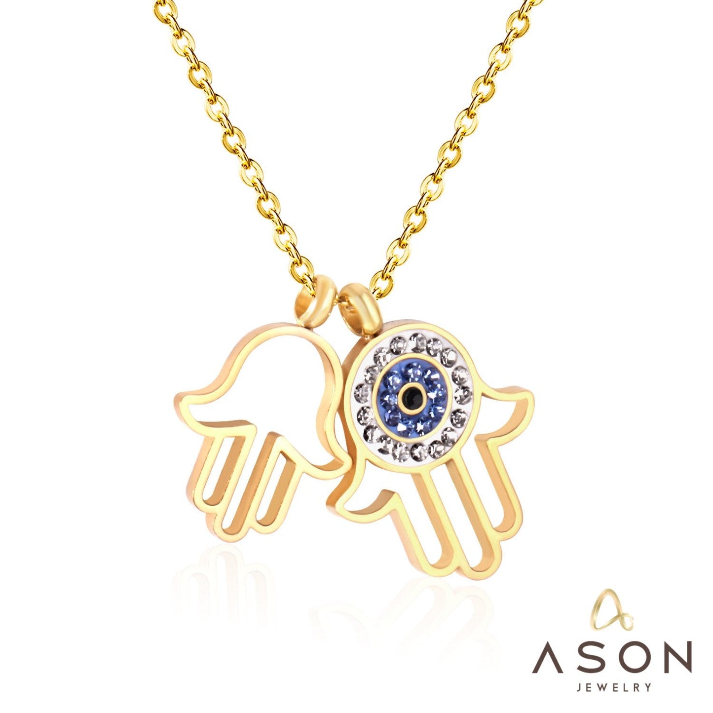 ASON Gold Necklaces Double Hand Pendant with Crystal Stainless Steel Pendants Link Chains Necklace Women/Men Party Daily asonjewelry