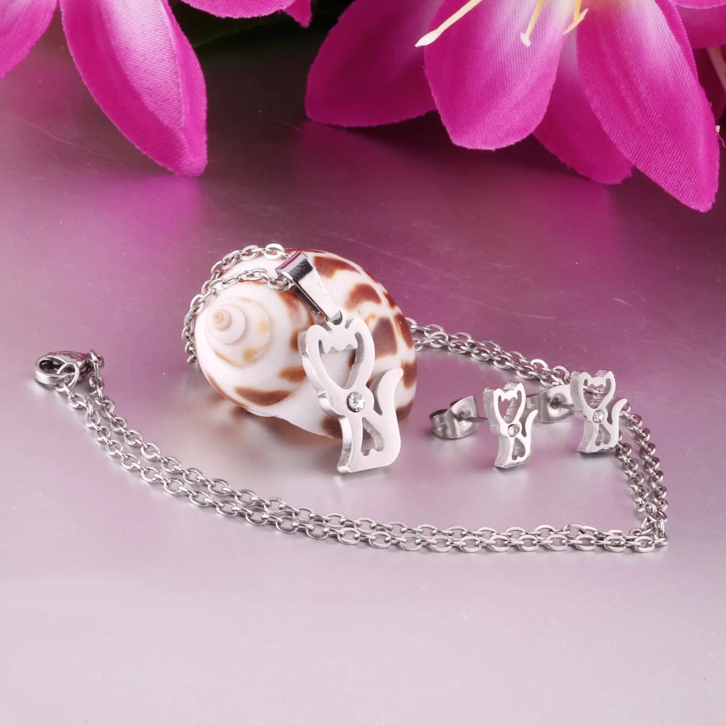 Stainless Steel Little Fox With Cubic Zirconia Necklace Earrings Set Woman Wedding Jewelry Sets Anniversary Present asonjewelry