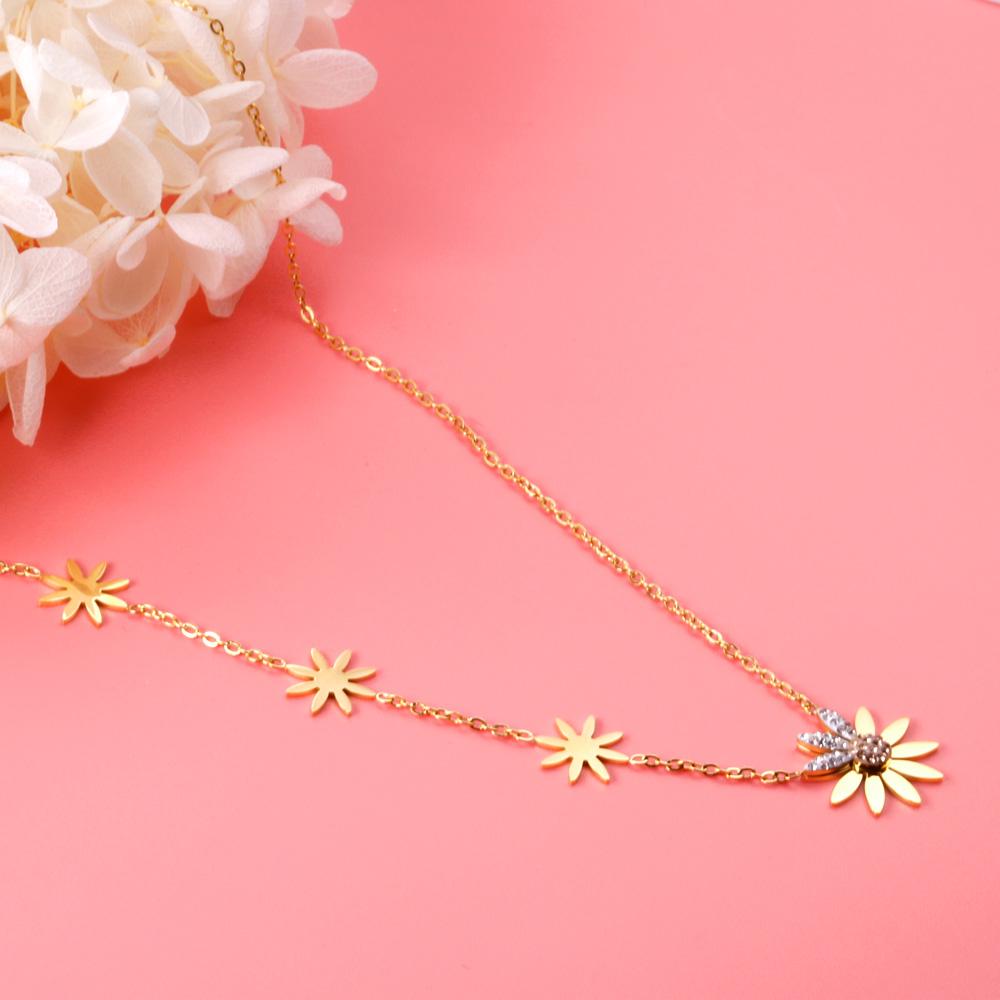 ASON Cute Flower Daisy Chain Necklace Stainless Steel Gold Color Choker with Cubic Zirconia 40cm with Extender Jewelry asonjewelry
