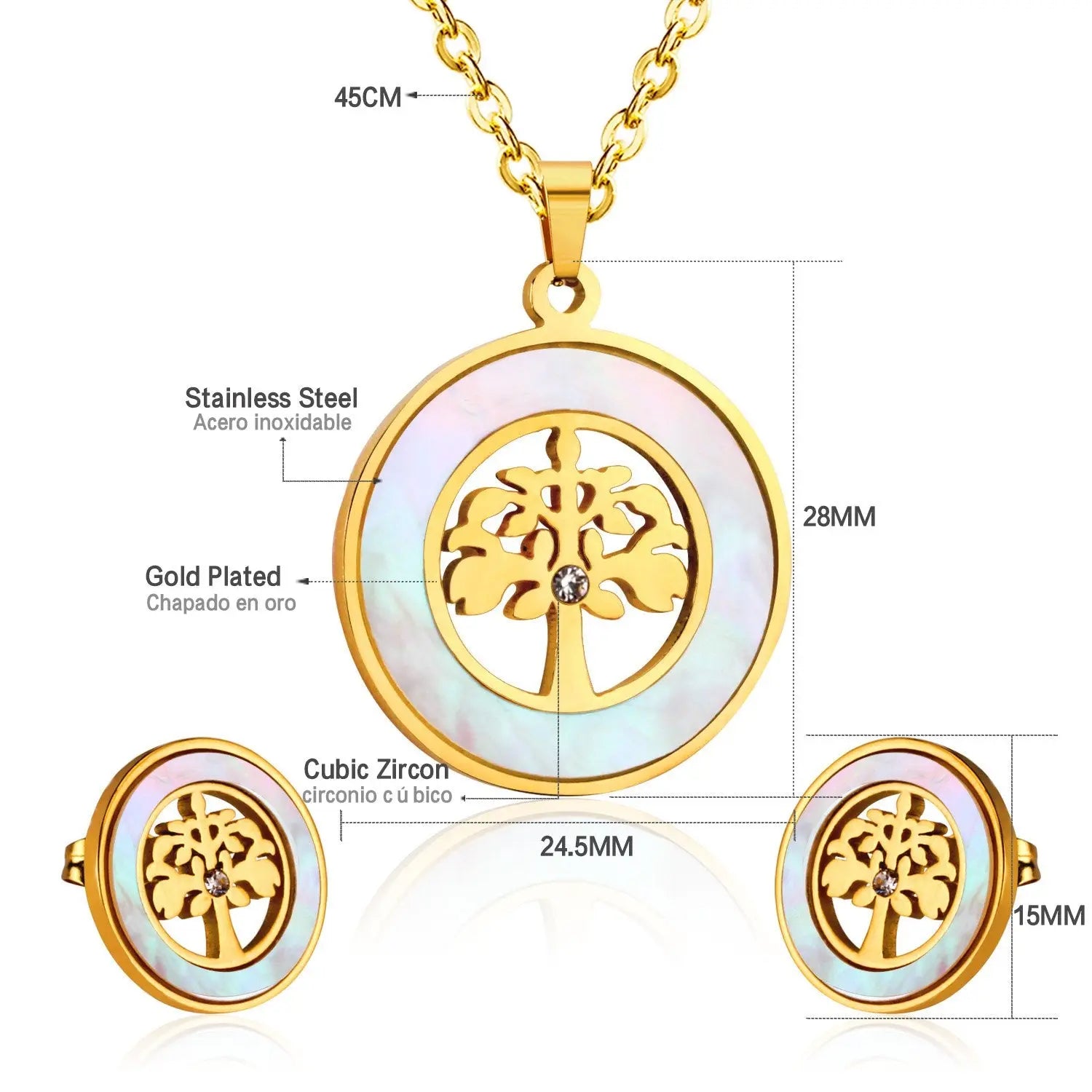 Gold Stainless steel Shell African Wedding Dubai Bridal Jewelry set Indian Tree Necklace Earrings Jewellery Set asonjewelry