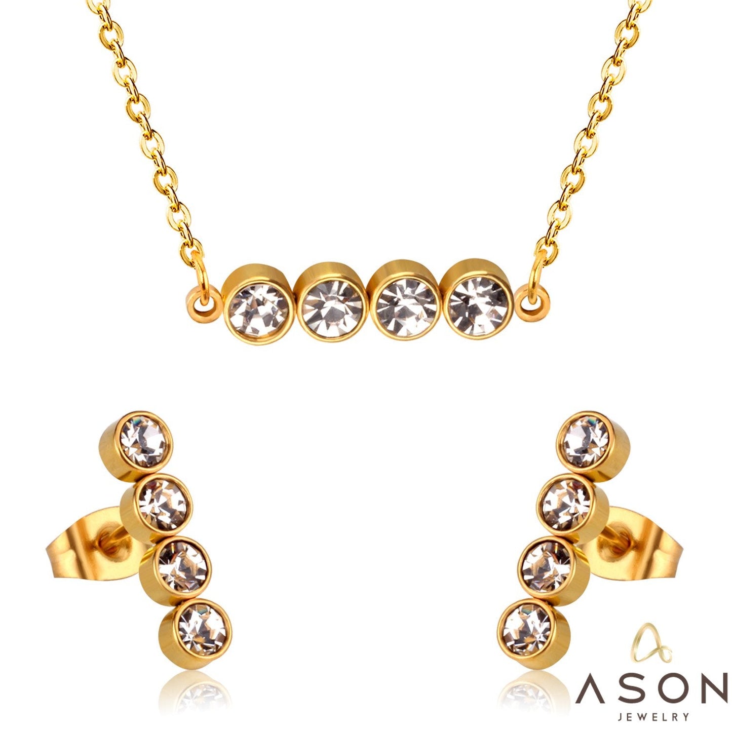 Asonjewelry Cubic Zirconia Gold Color Wedding Jewelry Set for Women 316L Stainless Steel Necklace Pendants Small Stud Earring asonjewelry