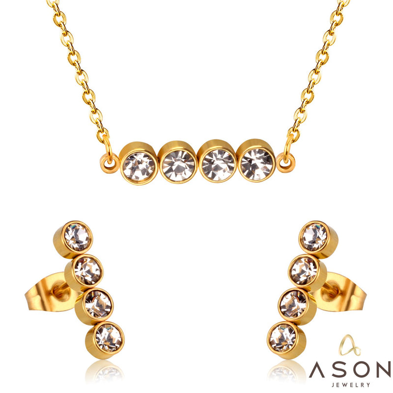 Asonjewelry Cubic Zirconia Gold Color Wedding Jewelry Set for Women 316L Stainless Steel Necklace Pendants Small Stud Earring