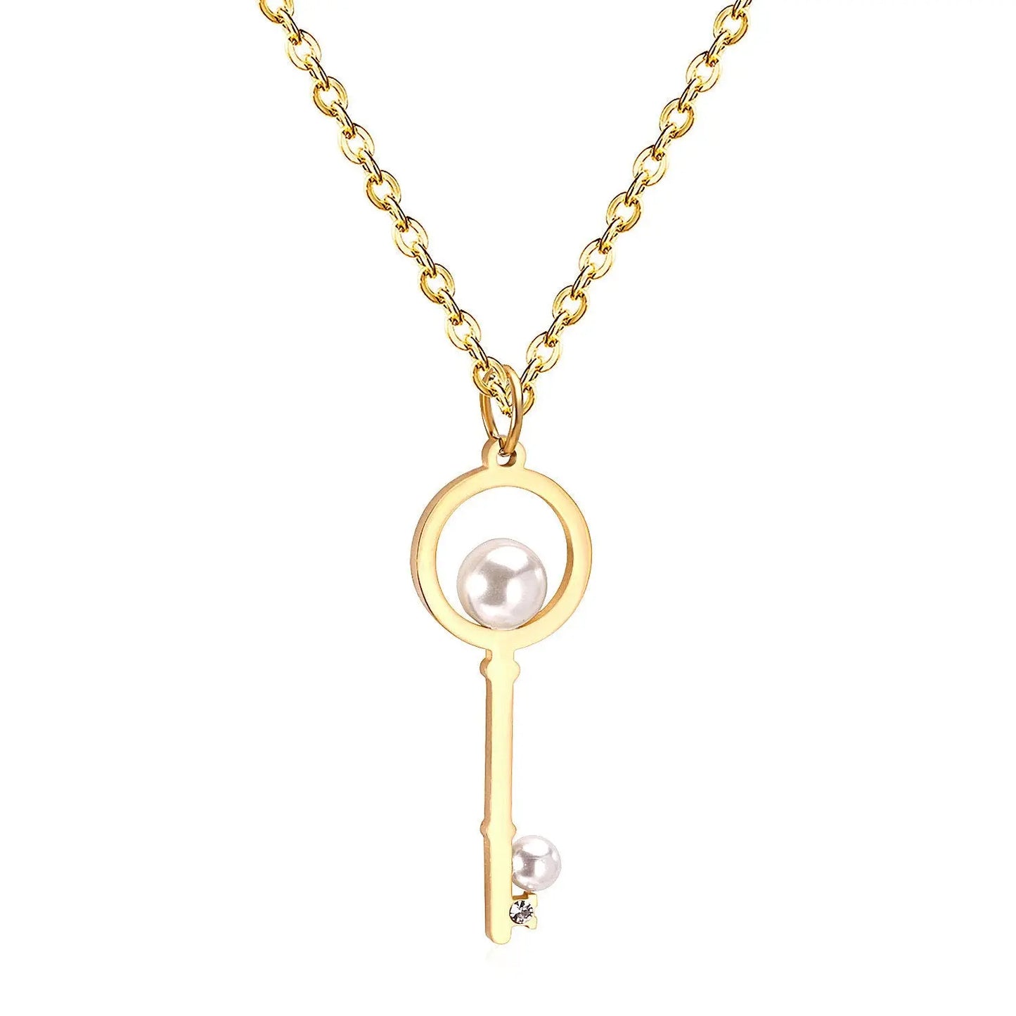 Fake Pearl Key Pendant Necklace For Men Women Jewelry Stainless Steel Necklaces Collars Collier Accoessries mujer asonjewelry