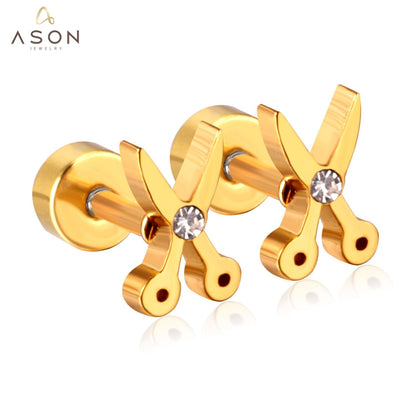 ASON Gold Color AAA CZ Scissors Screw Piercing Stud Earring Set for Women Cool Jewelry Stainless Steel Crystal Earring asonjewelry