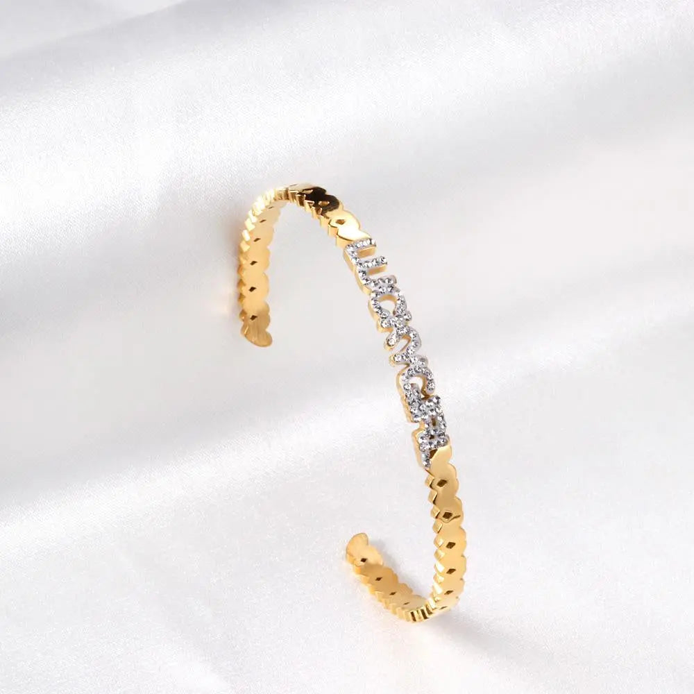 Lucky Gift For Friends Open Bracelets Luxury Women's Bangles Gold Color With Shiny Zirconia Stone Office Dailywear asonjewelry