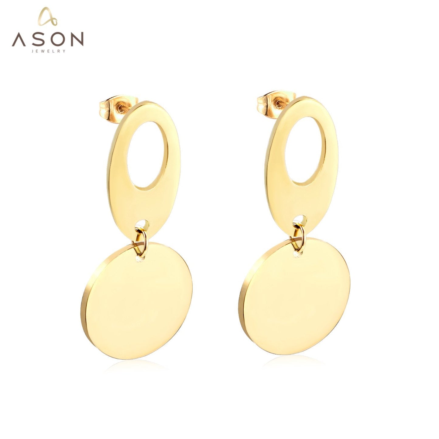 ASON Classic Gold Color Round Pendant Drop Earring Stainless Steel Dangle Earring for Women Gift Accessories Jewelry asonjewelry