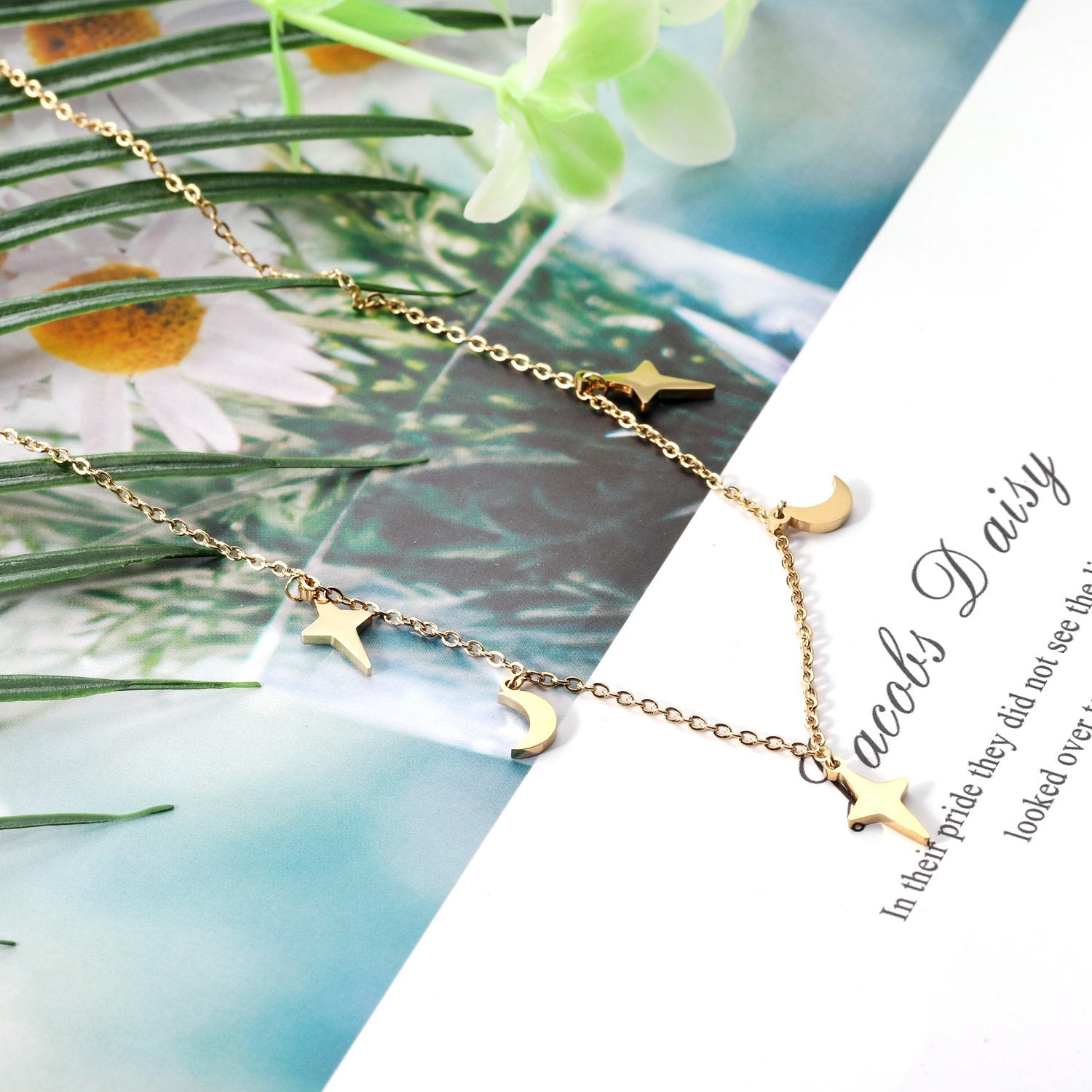 ASON Moon and Star Pendant Necklaces Gold Color Stainless Steel Chain for Women Girls Fashion Jewelry Accessories Gift asonjewelry