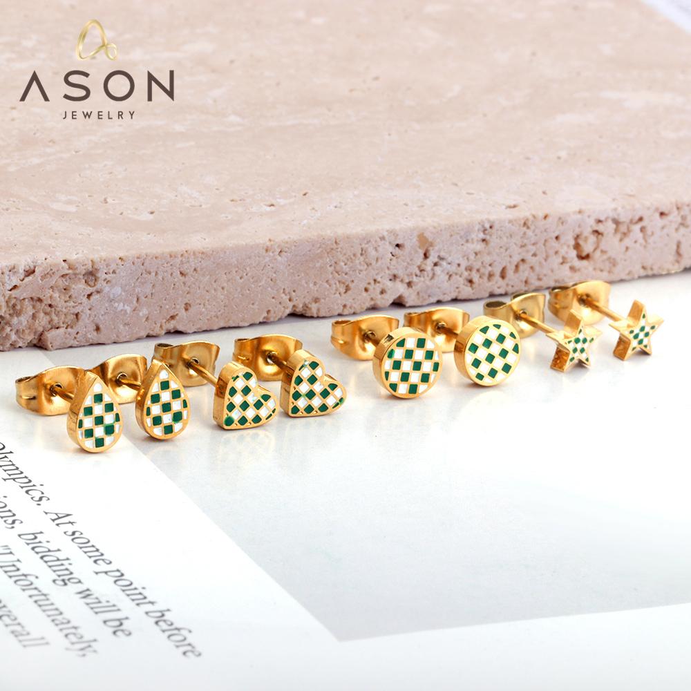 ASON Round Water Drop Star Heart Shapes Mixed Color Piercing Stud Earrings For Women Gold Color Stainless Steel Jewelry asonjewelry