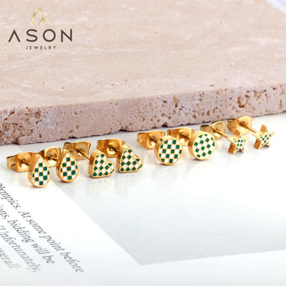 ASON Round Water Drop Star Heart Shapes Mixed Color Piercing Stud Earrings For Women Gold Color Stainless Steel Jewelry asonjewelry