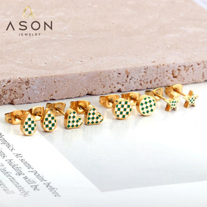 ASON Round Water Drop Star Heart Shapes Mixed Color Piercing Stud Earrings For Women Gold Color Stainless Steel Jewelry