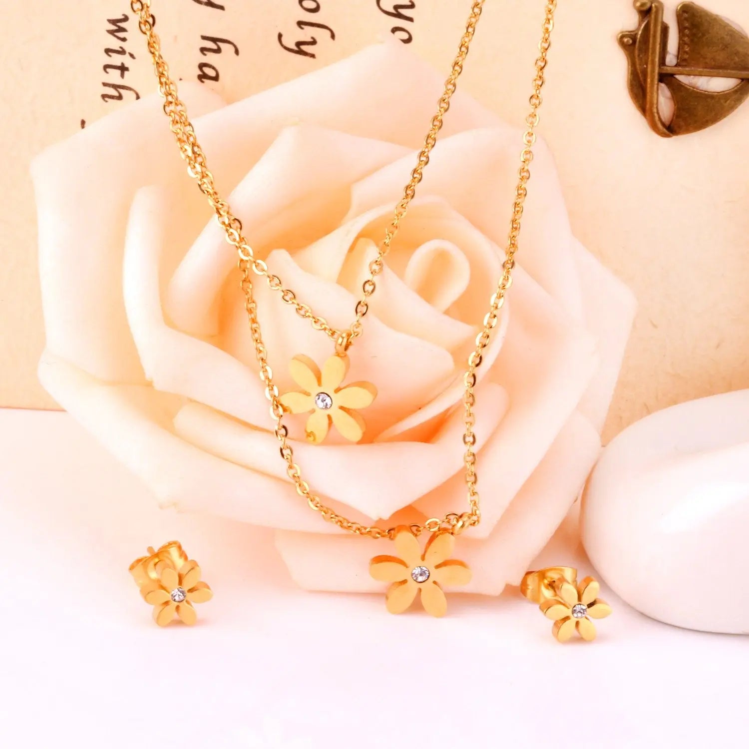 New Gold Flower Shape Stainless Steel Double Necklaces Earrings Sets For Female Trendy Jewellry Sets bijoux femme asonjewelry