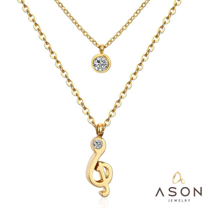 ASON Jewelry Gold Color Double Chain Necklaces Collars Jewelry Stainless Steel Round Cubic Zirconia Daily Pendants Chokers asonjewelry