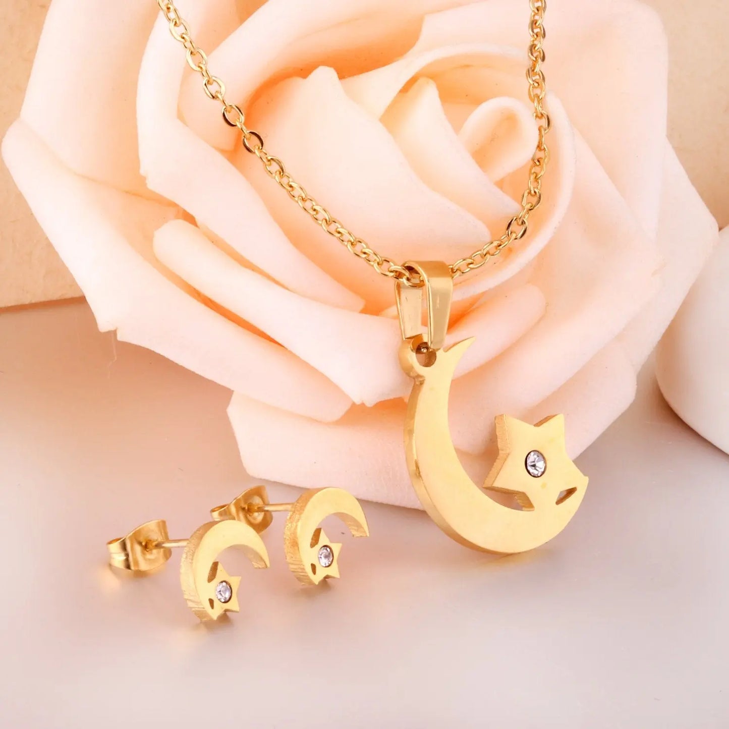 Crystal Moon Star Necklace Earring Sets Stainless Steel Dubai Indian Wedding Gold Jewelry Set For Women Girls asonjewelry
