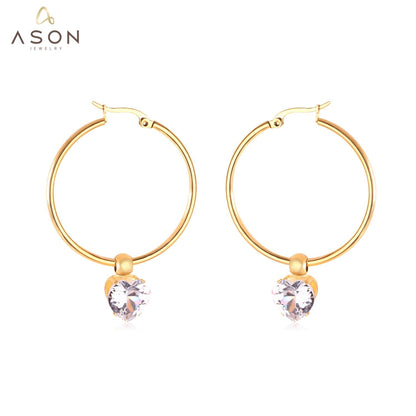 ASON Round Ear Hoop Earring With Cubic Zirconia Classic Style 2022 Stainless Steel Circle Earring Fashion Jewelry Party asonjewelry